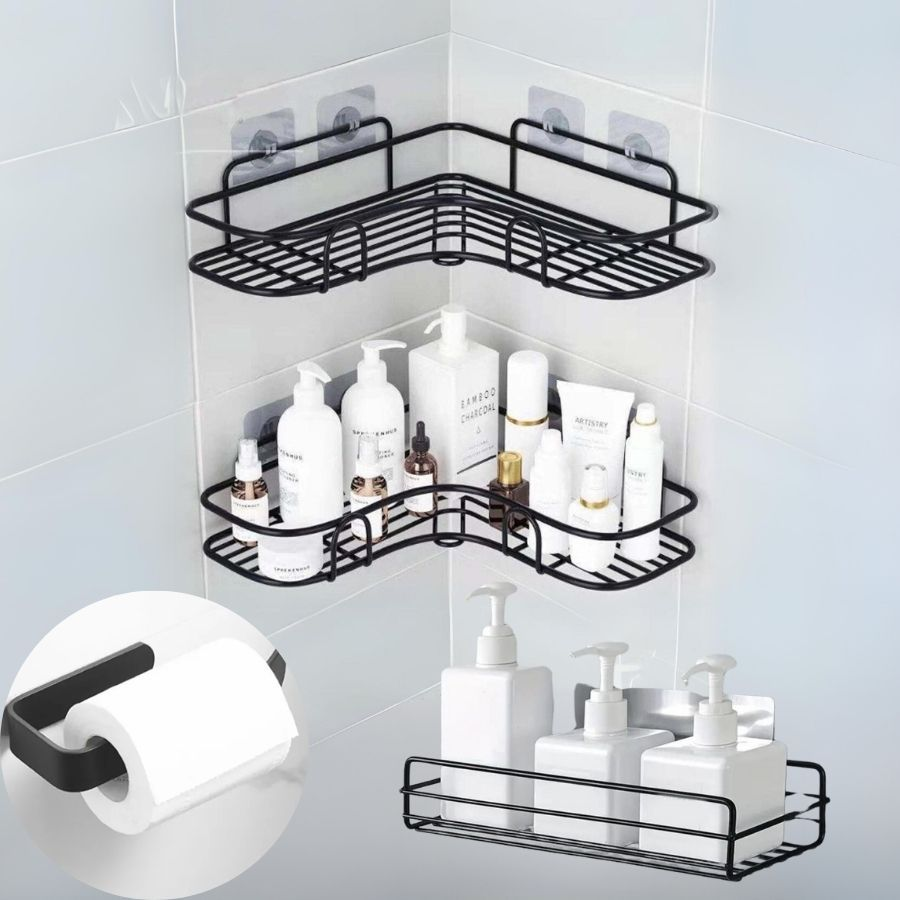 Kit Suporte Prateleira Porta Shampoo de Canto e Reto Com Adesivo Organizador