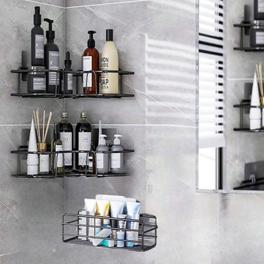 Kit Suporte Prateleira Porta Shampoo de Canto e Reto Com Adesivo Organizador