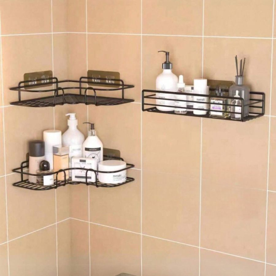 Kit Suporte Prateleira Porta Shampoo de Canto e Reto Com Adesivo Organizador