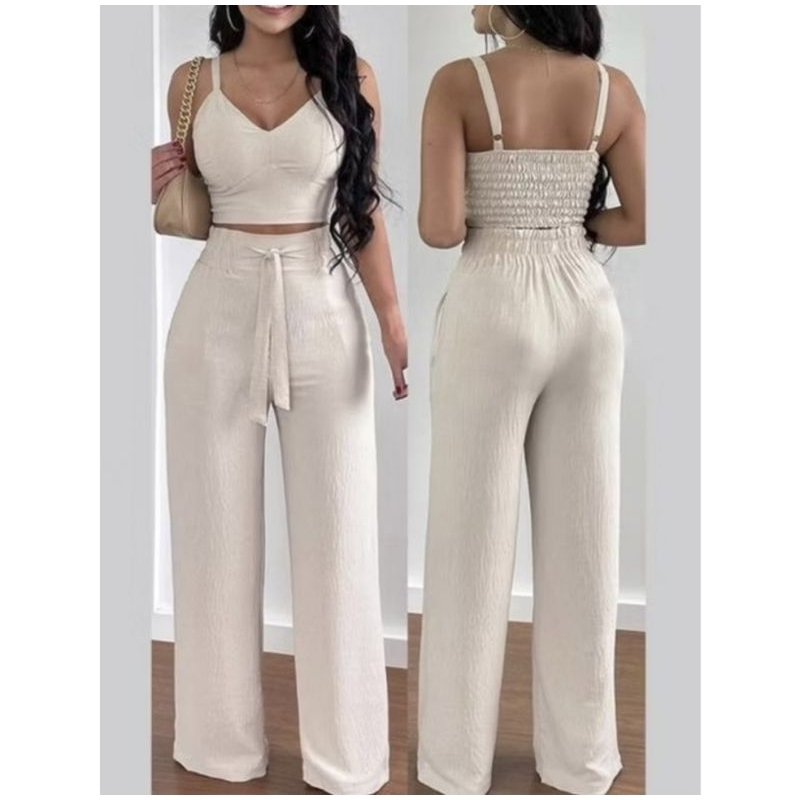 Conjunto Feminino Duna Areia Calça Pantalona e Cropped com Bojo Alça Regulável Alfaiataria