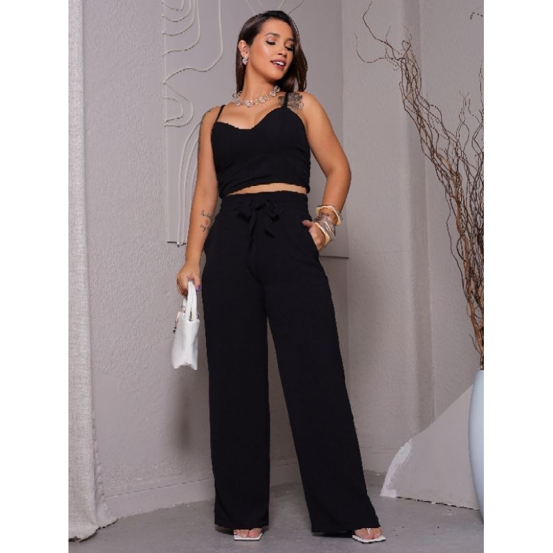 Conjunto Feminino Duna Areia Calça Pantalona e Cropped com Bojo Alça Regulável Alfaiataria