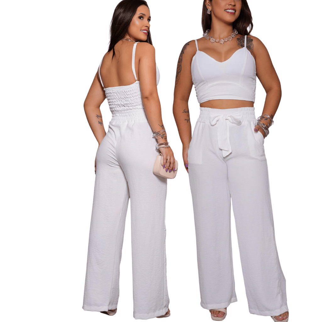 Conjunto Feminino Duna Areia Calça Pantalona e Cropped com Bojo Alça Regulável Alfaiataria