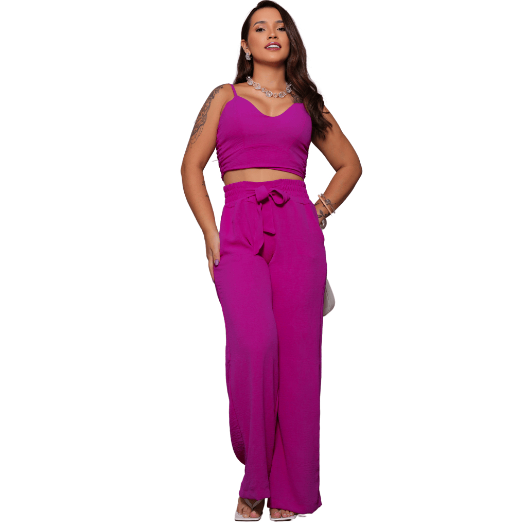 Conjunto Feminino Duna Areia Calça Pantalona e Cropped com Bojo Alça Regulável Alfaiataria