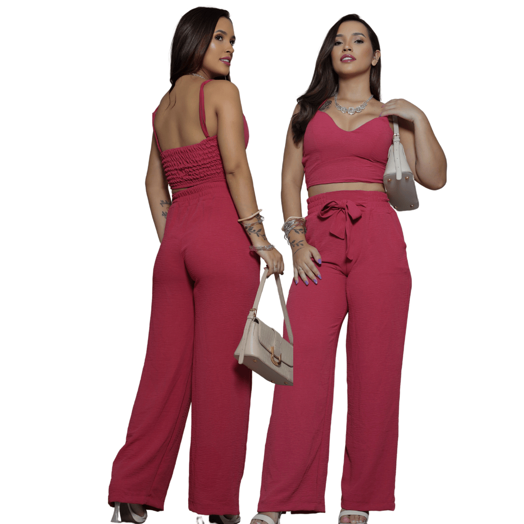 Conjunto Feminino Duna Areia Calça Pantalona e Cropped com Bojo Alça Regulável Alfaiataria