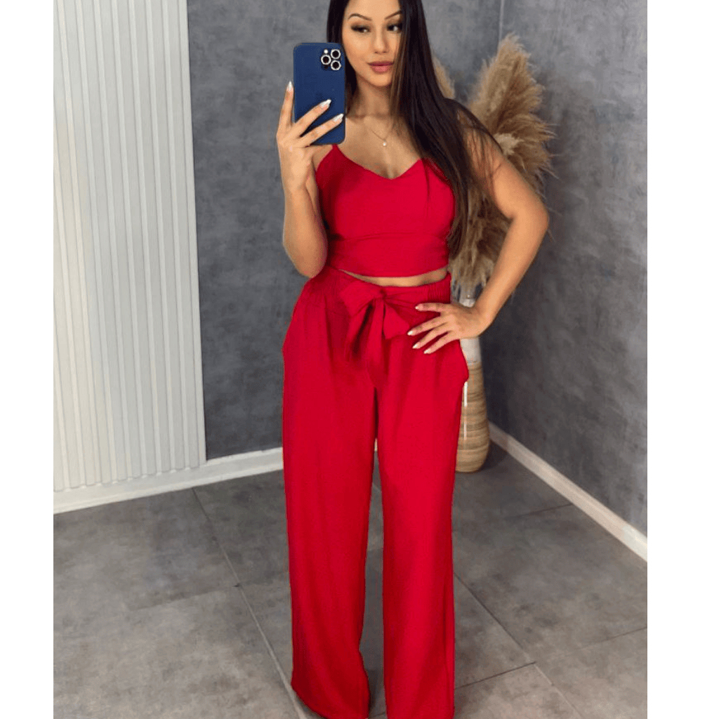 Conjunto Feminino Duna Areia Calça Pantalona e Cropped com Bojo Alça Regulável Alfaiataria