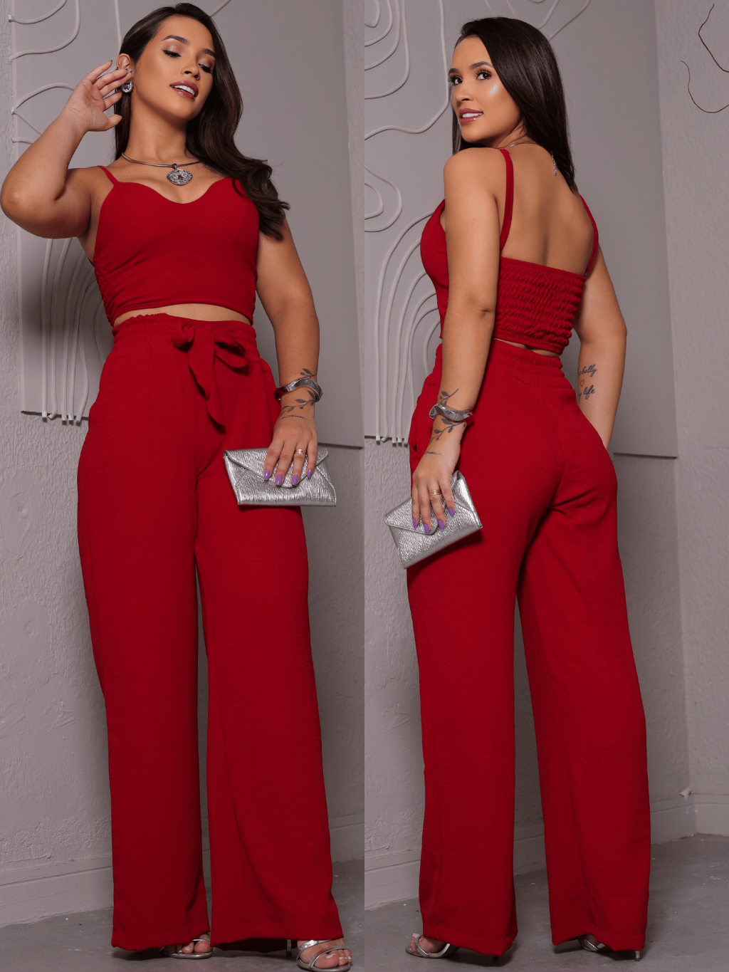 Conjunto Feminino Duna Areia Calça Pantalona e Cropped com Bojo Alça Regulável Alfaiataria