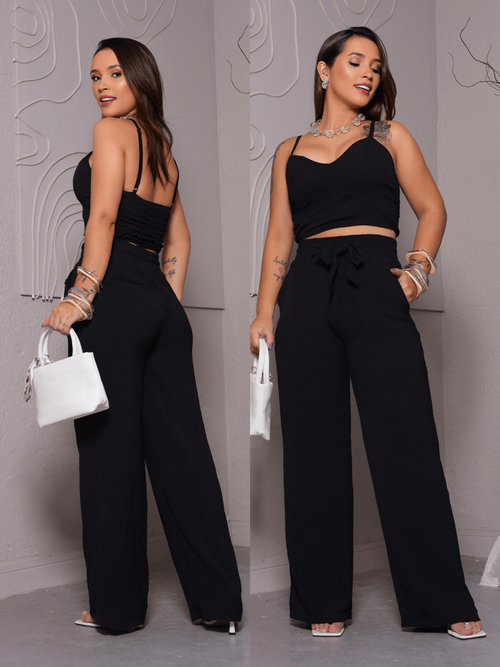 Conjunto Feminino Duna Areia Calça Pantalona e Cropped com Bojo Alça Regulável Alfaiataria