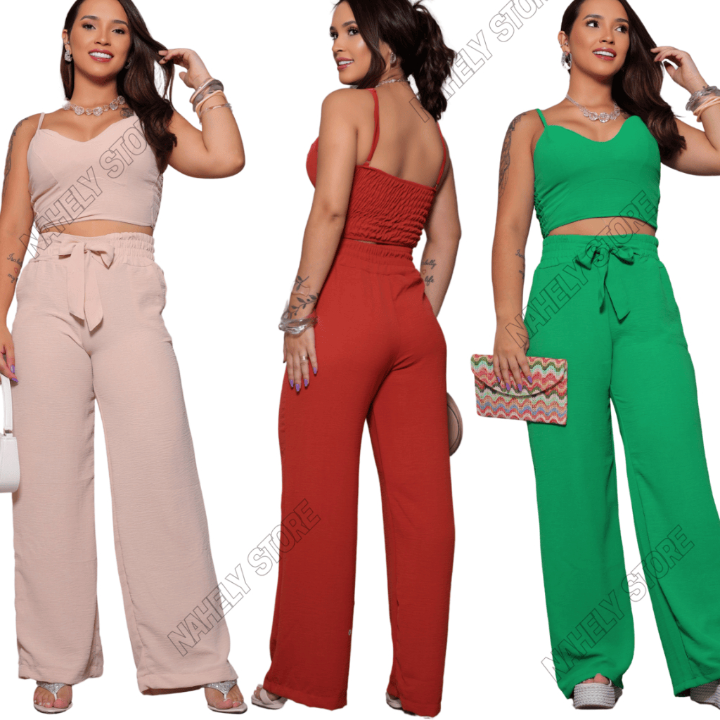 Conjunto Feminino Duna Areia Calça Pantalona e Cropped com Bojo Alça Regulável Alfaiataria