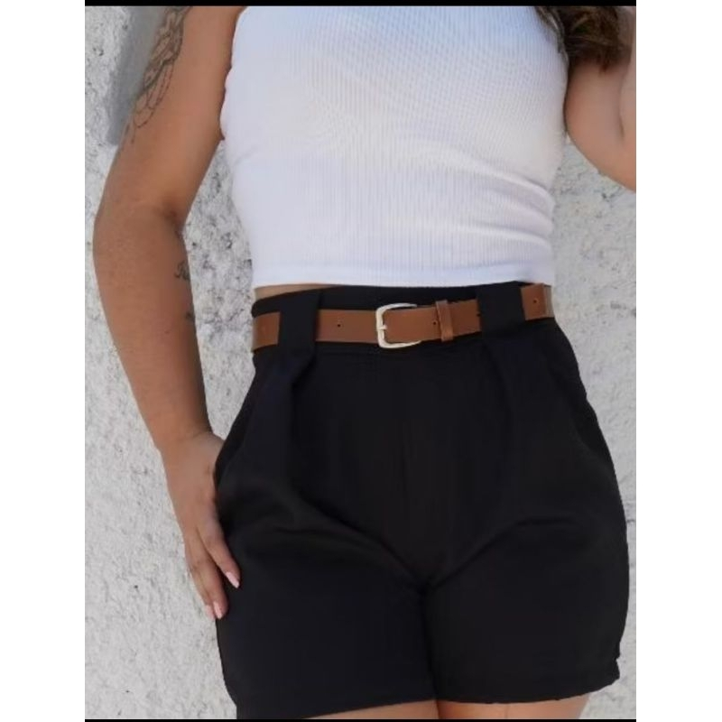 Conjunto feminino em alta short + cropped + cinto ajustável