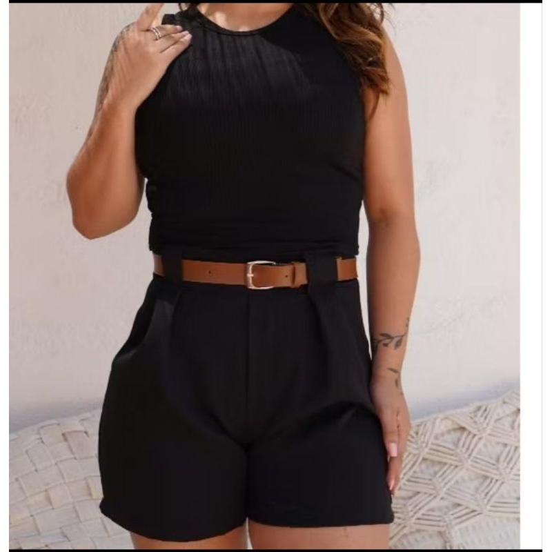 Conjunto feminino em alta short + cropped + cinto ajustável