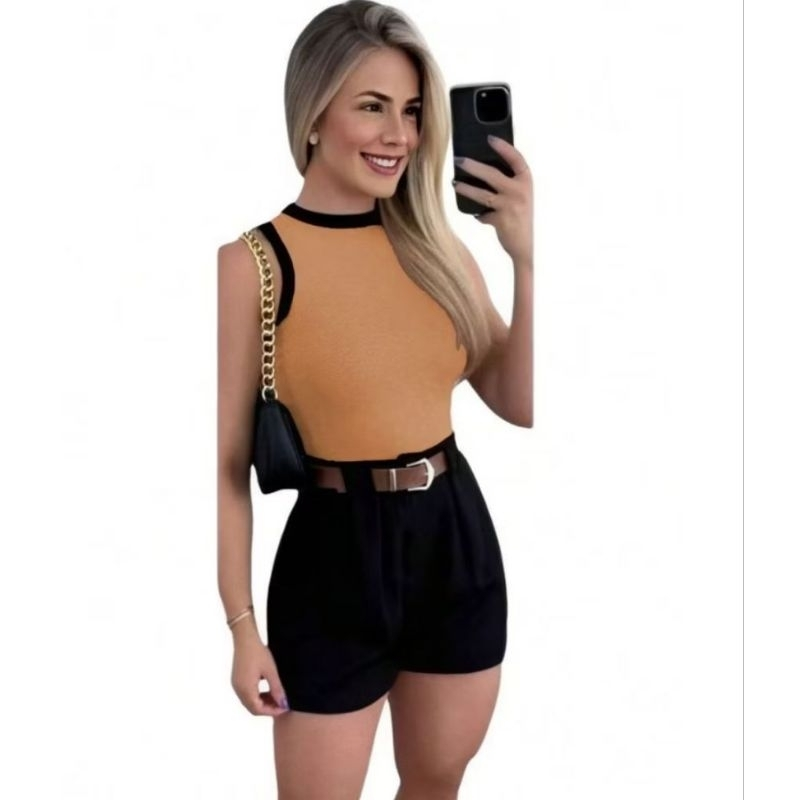 Conjunto feminino em alta short + cropped + cinto ajustável