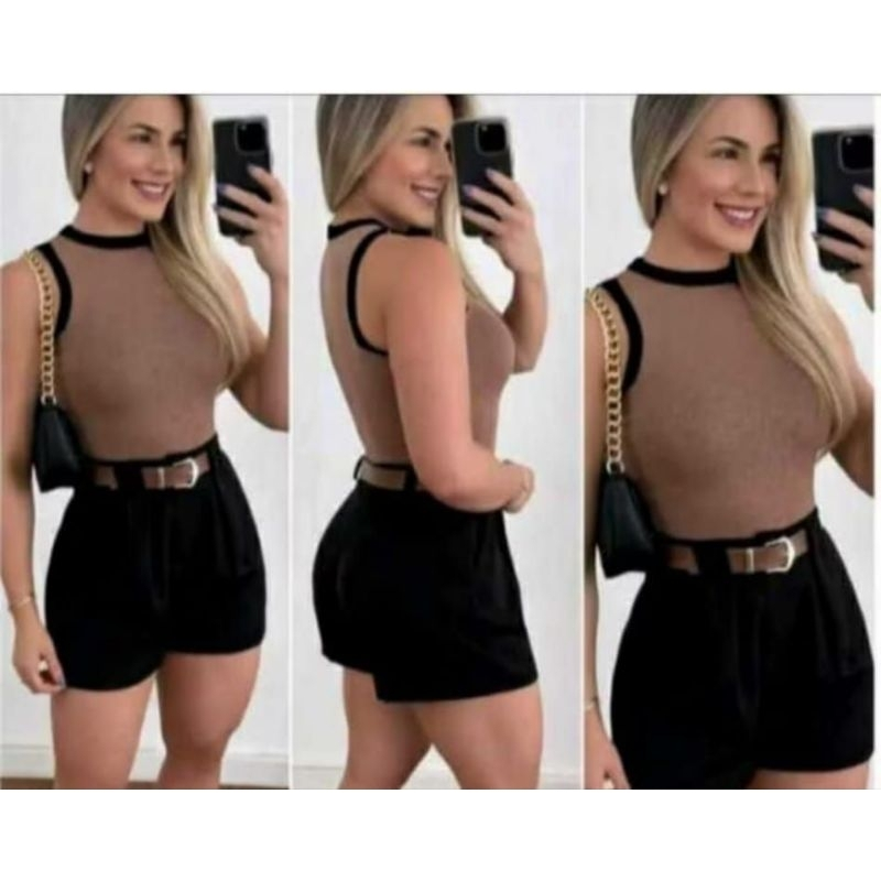 Conjunto feminino em alta short + cropped + cinto ajustável