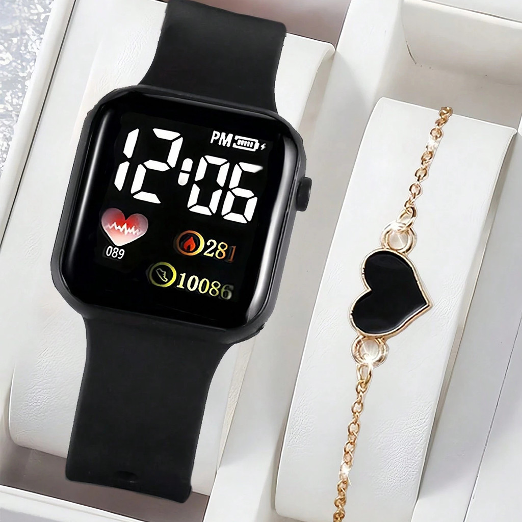 Conjunto De Relógio Digital Elegante , 4 Unidades , Caixa Quadrada , Pulseiras De Coração Para Mulheres , Presente De Na