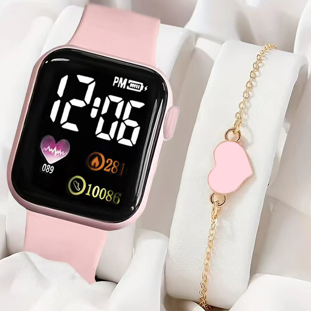 Conjunto De Relógio Digital Elegante , 4 Unidades , Caixa Quadrada , Pulseiras De Coração Para Mulheres , Presente De Na